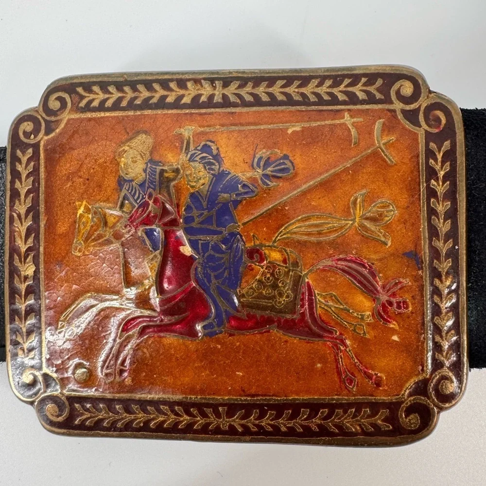Vintage Warrior Horse Golden Hands Made in INDIA BELT & BUCKLE Enamel